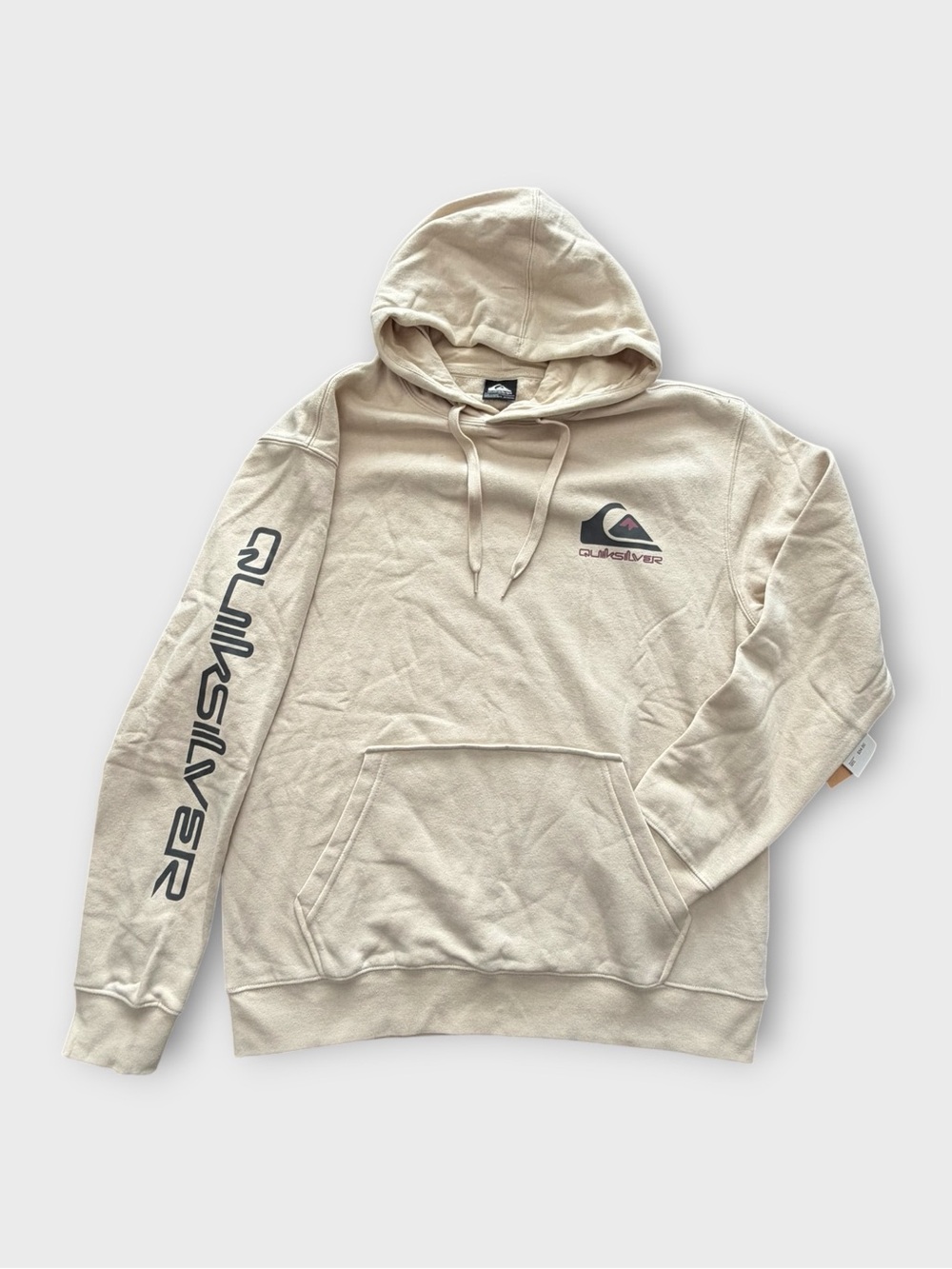 Quiksilver Cream Pullover Hoodie with Black Logo and Sleeve Print